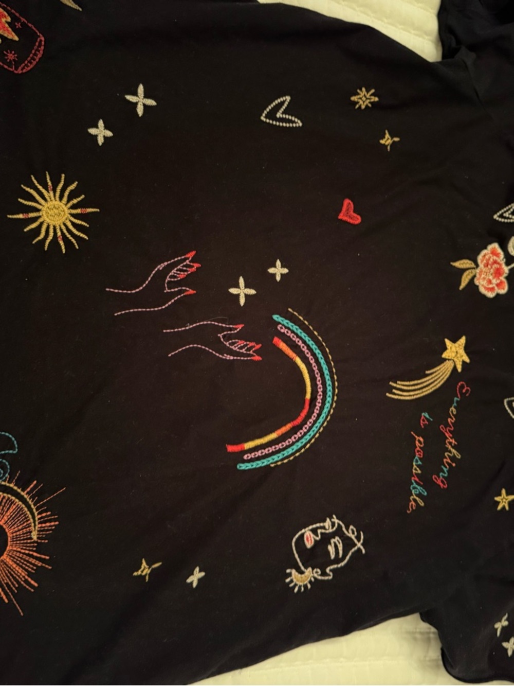 Johnny Was Black Tee with Colorful Embroidered Floral & Star Accents - Picture 3 of 3